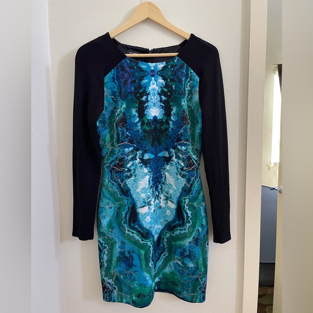 Bebe Abstract Marble Print Bodycon Dress Long Sleeve Size M